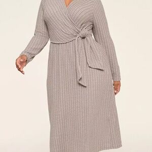 Long sleeved faux-wrap cable knit dress